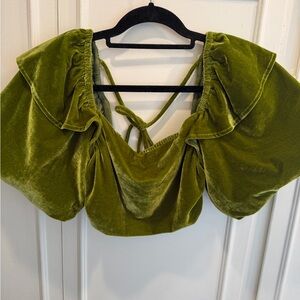 Tularosa Olive Velvet Puff Sleeve Crop Top